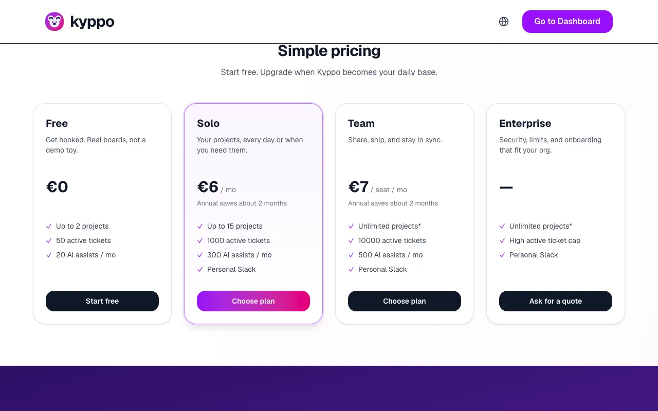 Billing page plan cards for Free, Solo, Team and Enterprise