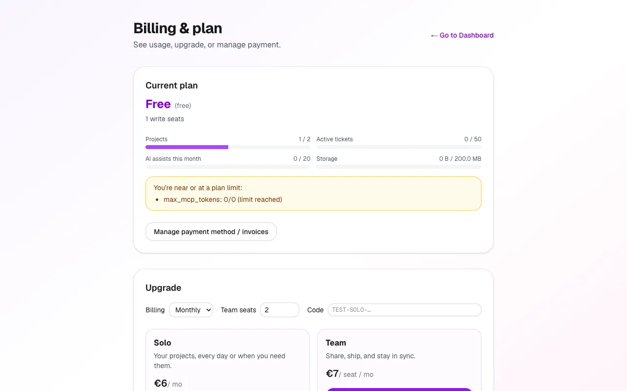 Upgrade button and manage payment method link on billing