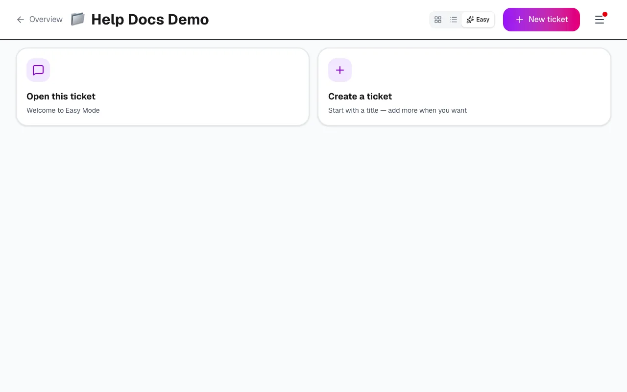 A ticket open with title, status and comments