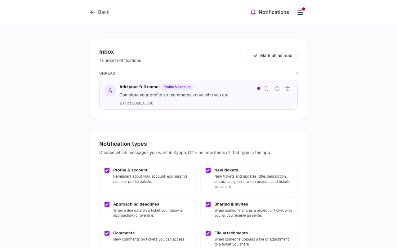Notification type checkboxes for profile, tickets, deadlines and more