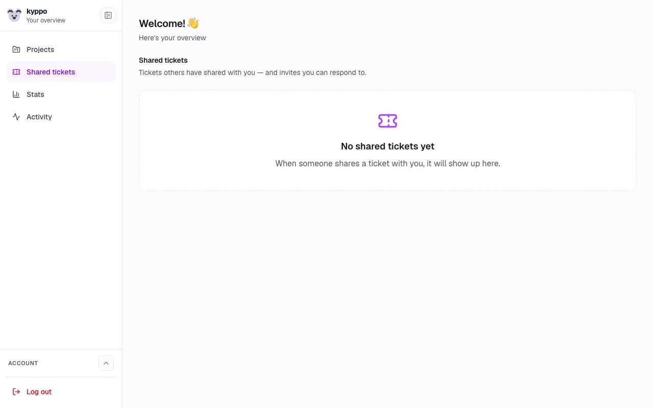 Dashboard shared tickets panel with an invite