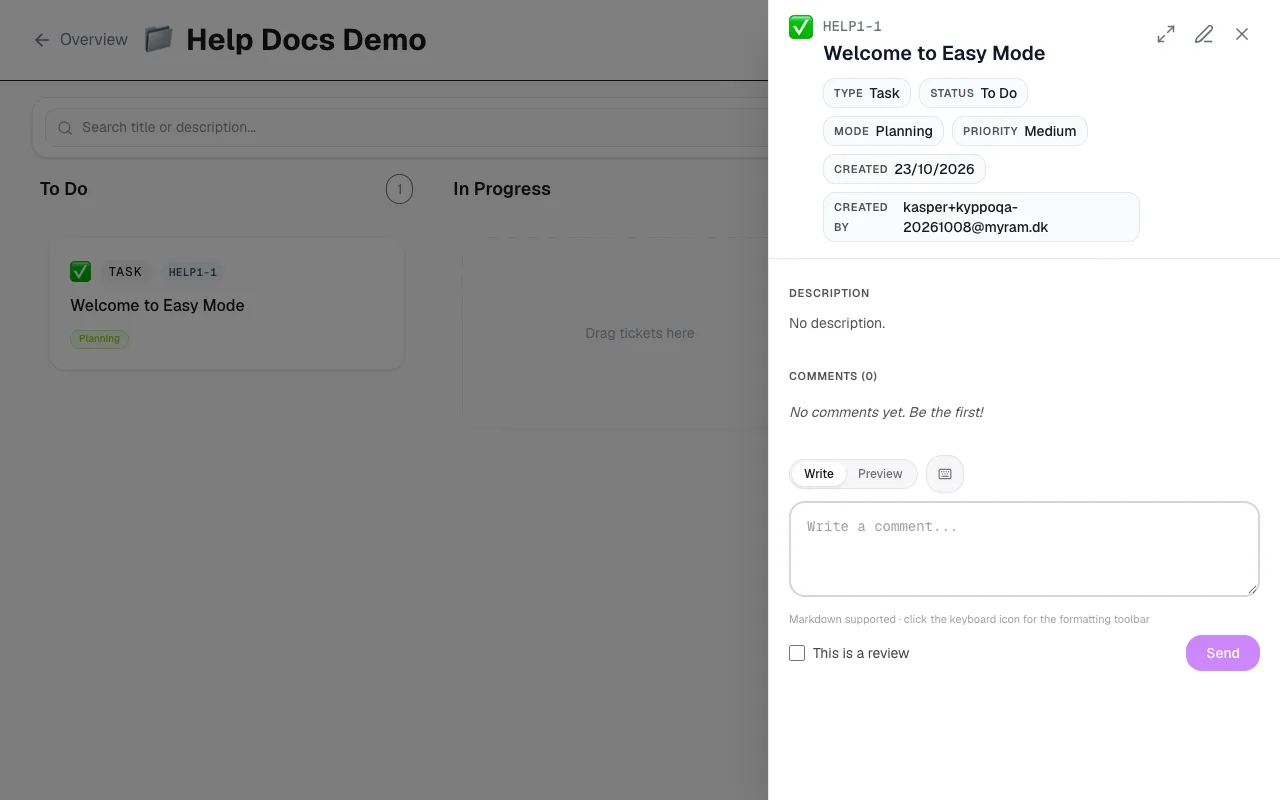 Ticket edit page with title, description and fields